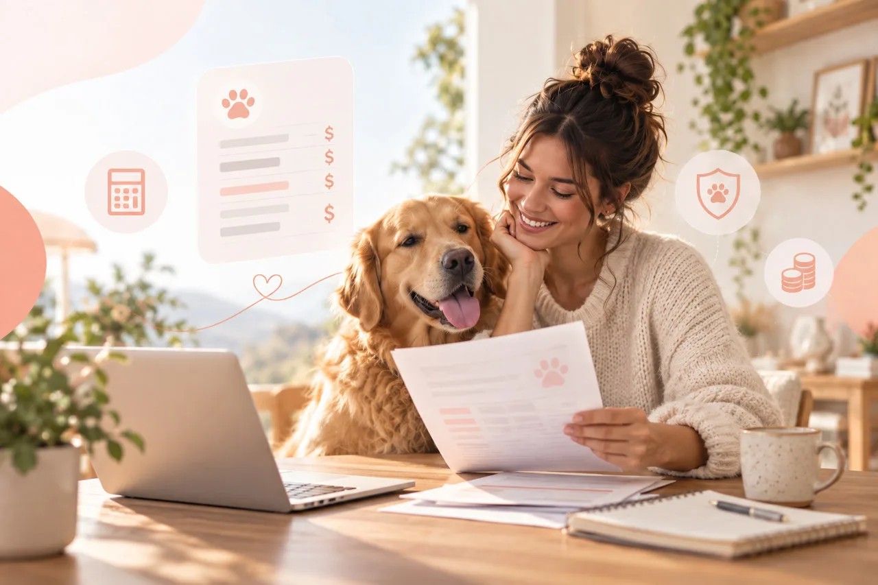 Owner checking paperwork on a laptop beside a dog